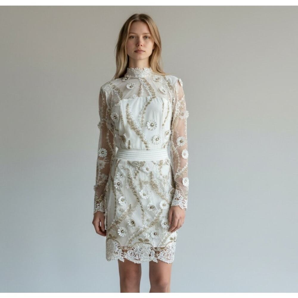 ZHIVAGO Raise Your Hand Mini Cocktail Dress US 4 White Gold Embellished Daisy